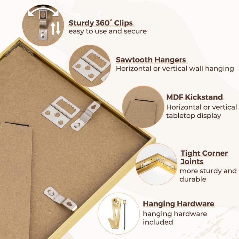 RICHFOCUS 8x8 Picture Frame|Square Frame 8 x 8 Matted to 4x4 Gold|8x8 Metal Aluminum Photo Frames with Stand for Tabletop or Wall Hanging|Hardwares Included  Set of 1 - Image 4