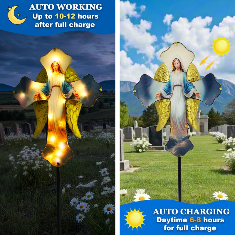 Guangxie Solar Virgin Mary Cross Garden Lamp for Grave - Angel Wing Memorial Decoration, Waterproof Solar Stake Lamp for Easter, Courtyard, Yard - Sympathetic Gift for Loved Ones. Elegant Cross - Image 4
