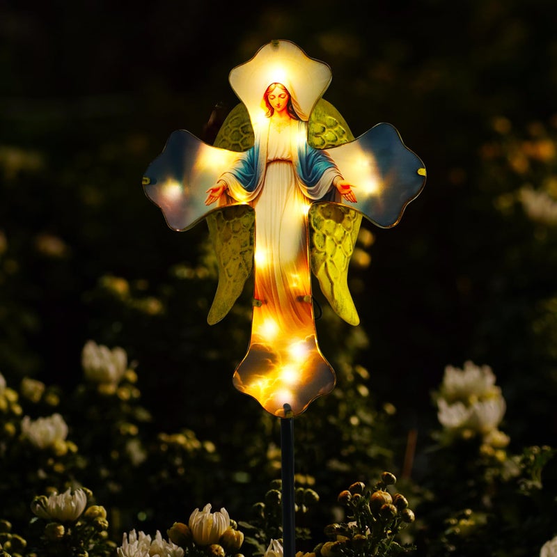 Guangxie Solar Virgin Mary Cross Garden Lamp for Grave - Angel Wing Memorial Decoration, Waterproof Solar Stake Lamp for Easter, Courtyard, Yard - Sympathetic Gift for Loved Ones. Elegant Cross - Image 1