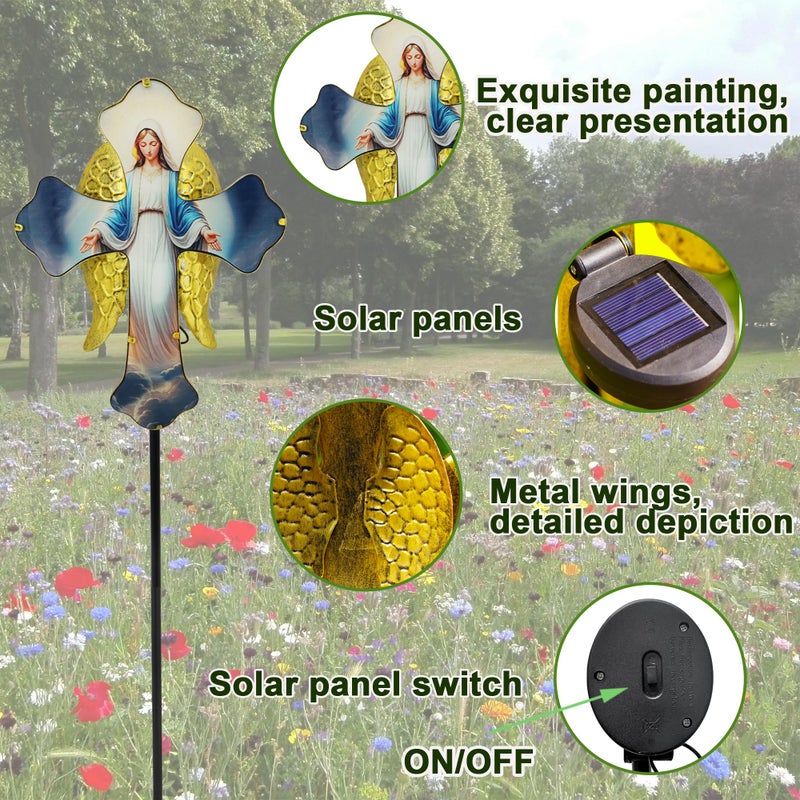 Guangxie Solar Virgin Mary Cross Garden Lamp for Grave - Angel Wing Memorial Decoration, Waterproof Solar Stake Lamp for Easter, Courtyard, Yard - Sympathetic Gift for Loved Ones. Elegant Cross - Image 5