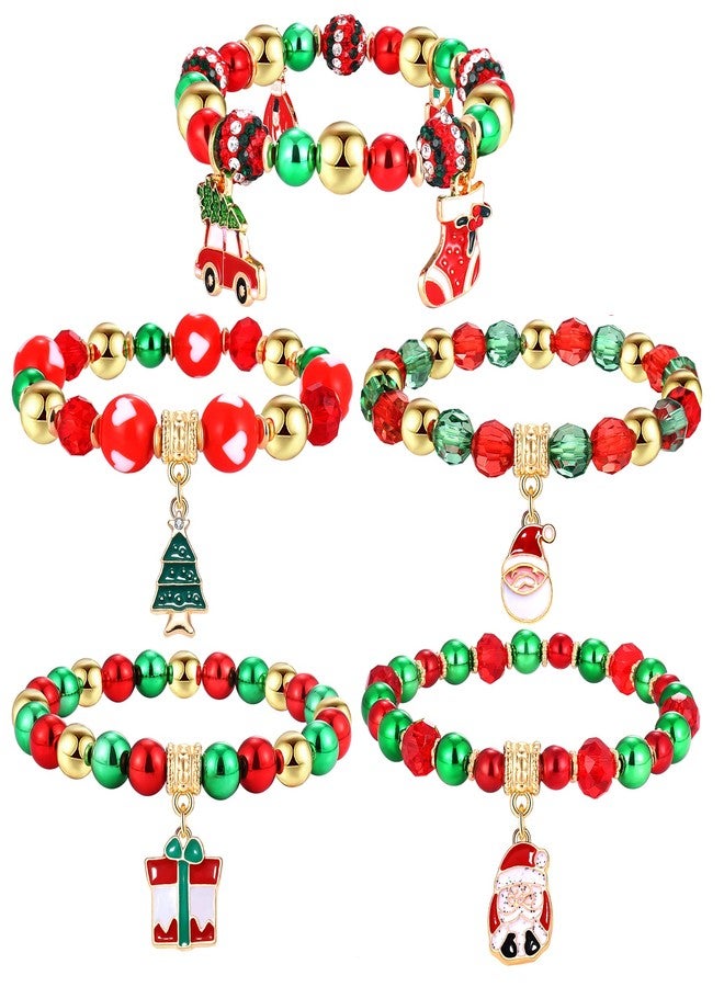BVGA Christmas Beaded Bracelets Santa Candy Cane Hat Charms Bracelets Xmas Tree Car Sock Gift-box Stretch Bracelets Set Green and Red Beads Bracelet for Women Holiday Jewelry Gifts - Image 1
