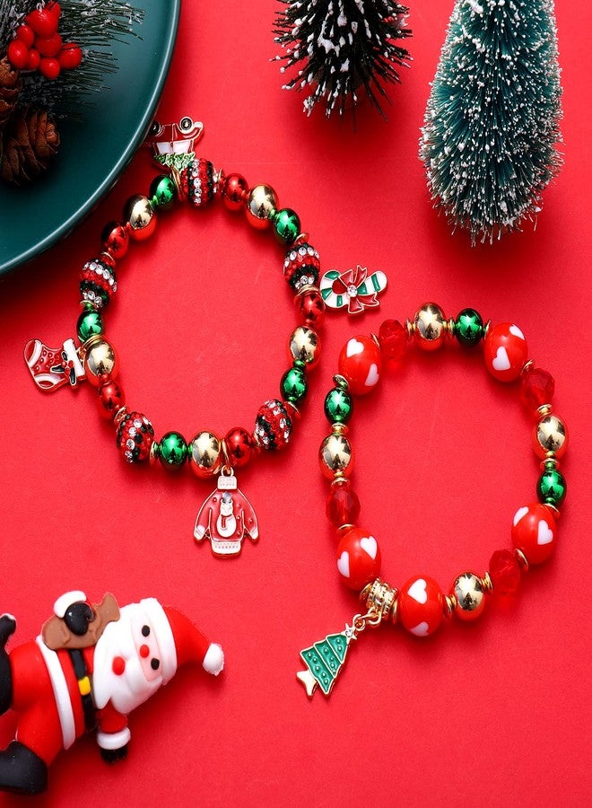BVGA Christmas Beaded Bracelets Santa Candy Cane Hat Charms Bracelets Xmas Tree Car Sock Gift-box Stretch Bracelets Set Green and Red Beads Bracelet for Women Holiday Jewelry Gifts - Image 5