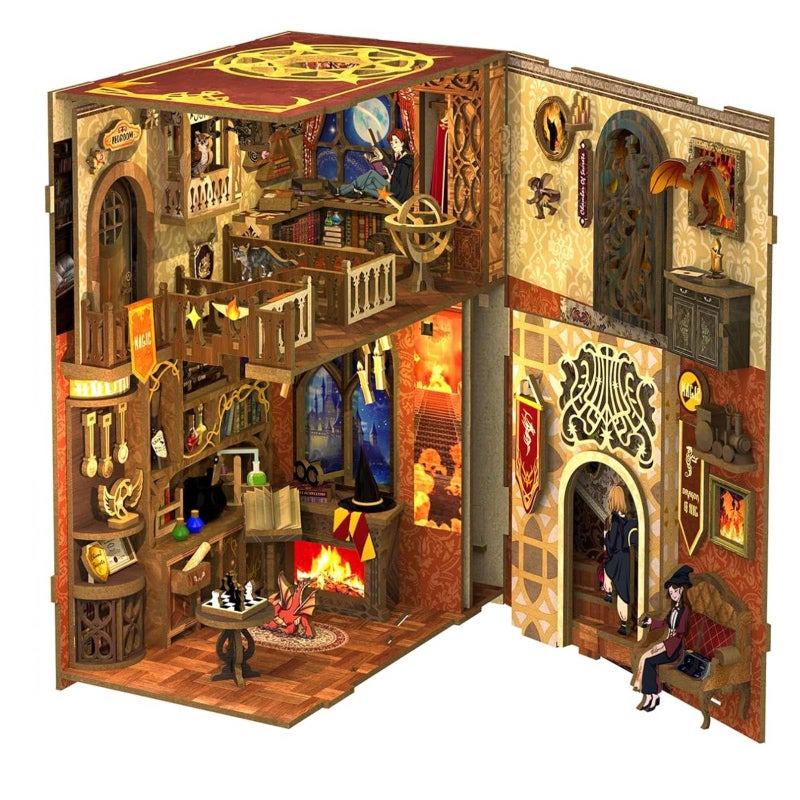 Fsolis Book Nook Kit, DIY Miniature House Kit Wooden Puzzle Booknook for Adults Decorative Bookend Bookshelf Alley Bookcase Decor Gifts for Women Teens Puzzle (Flam Common Room) - Image 2