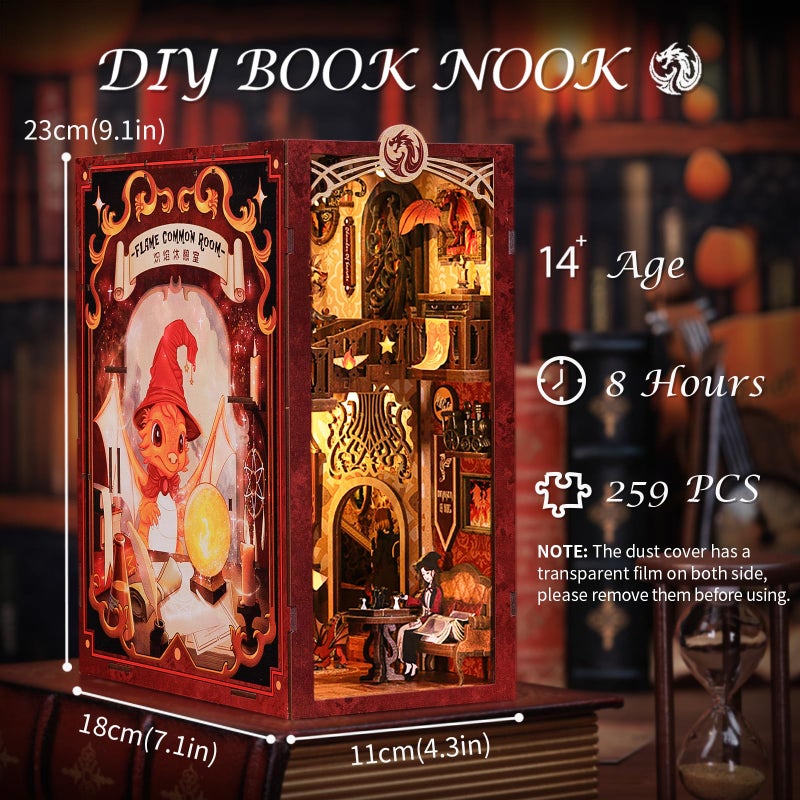 Fsolis Book Nook Kit, DIY Miniature House Kit Wooden Puzzle Booknook for Adults Decorative Bookend Bookshelf Alley Bookcase Decor Gifts for Women Teens Puzzle (Flam Common Room) - Image 3