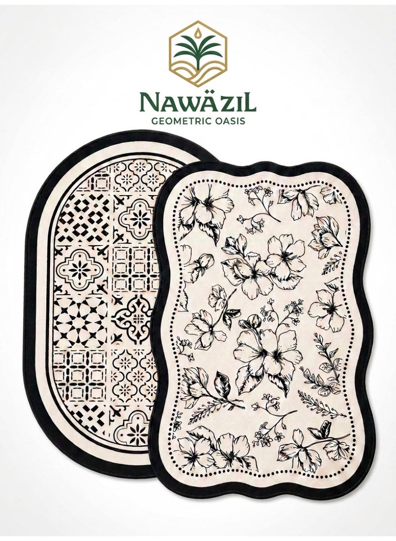 Nawāzīl 2 Pcs Diatomaceous Earth Bath Mat Set 40x60cm, Quick Absorbent Fast Dry Non Slip Bathroom Rugs, Mixed Black & White Patterns - Image 1