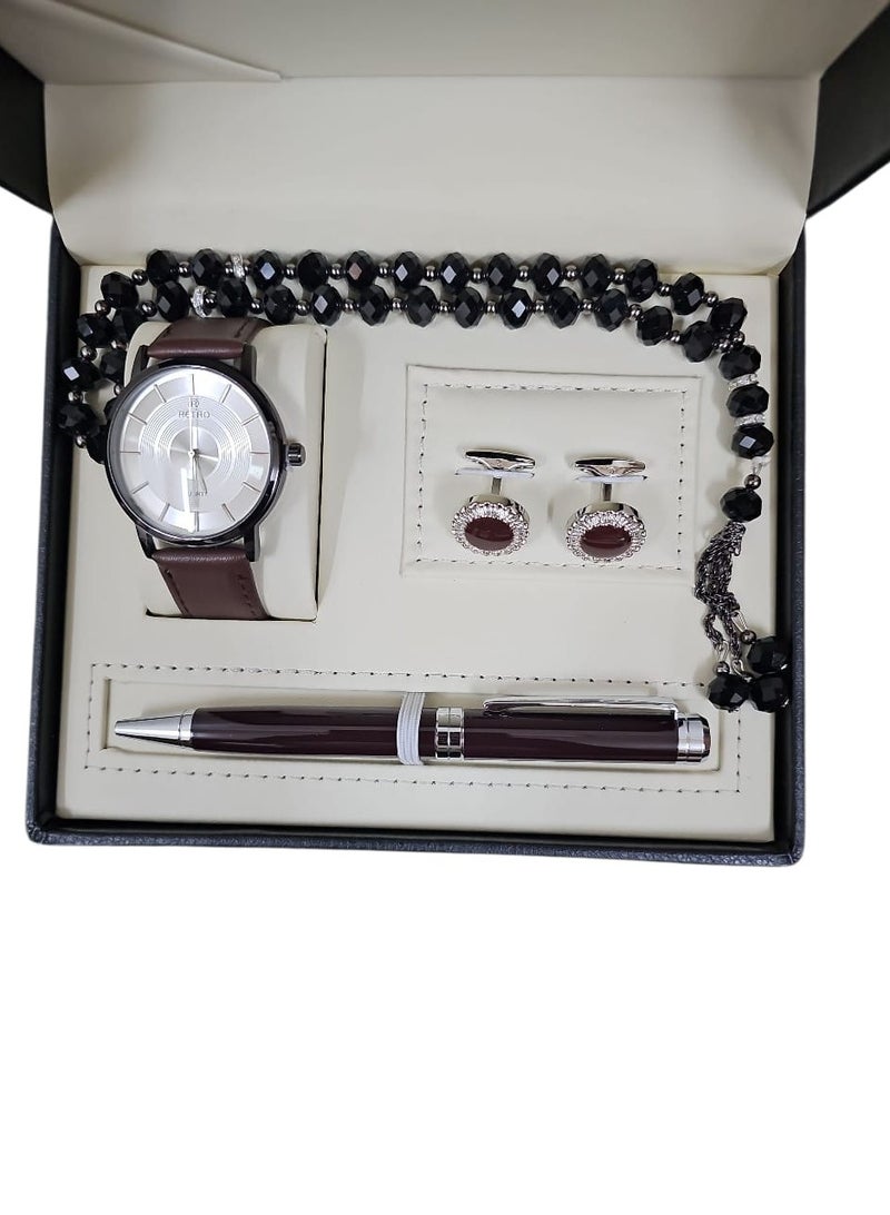 طقم ساعة رجالية من 4 قطع مكون من ساعة يد مع قلم ومجموعة من الأزرار والمسبحة متعدد الأشكال. - Image 1