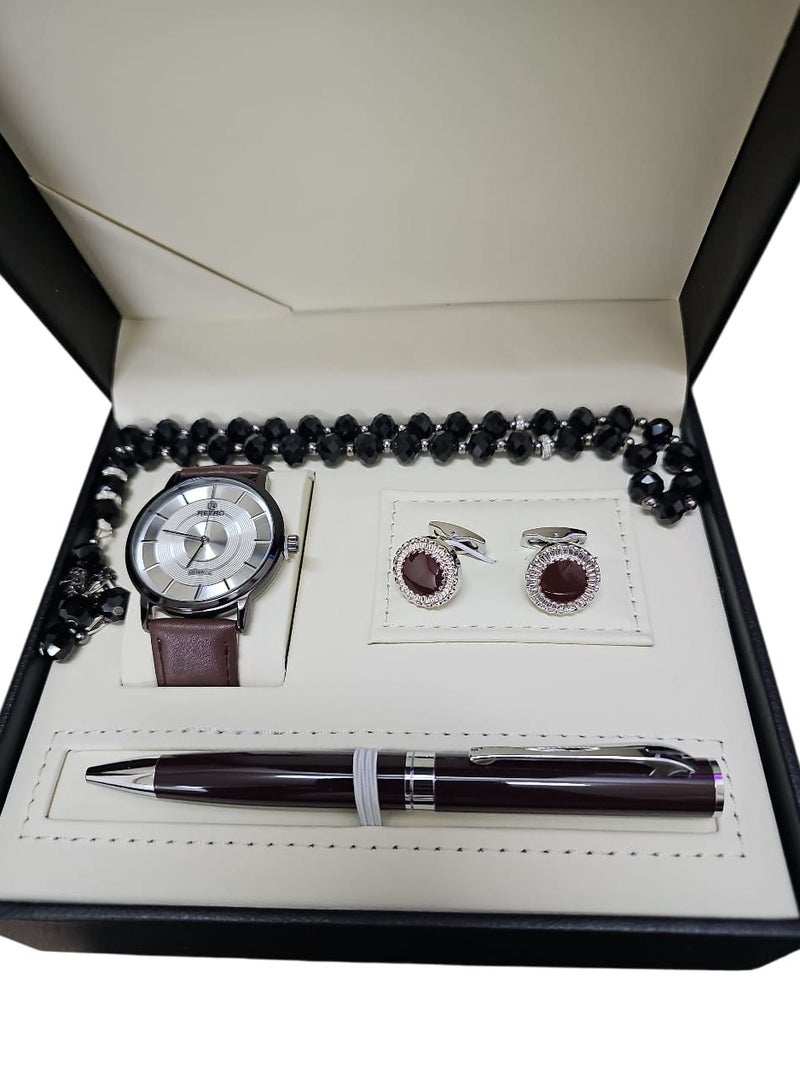 طقم ساعة رجالية من 4 قطع مكون من ساعة يد مع قلم ومجموعة من الأزرار والمسبحة متعدد الأشكال. - Image 2