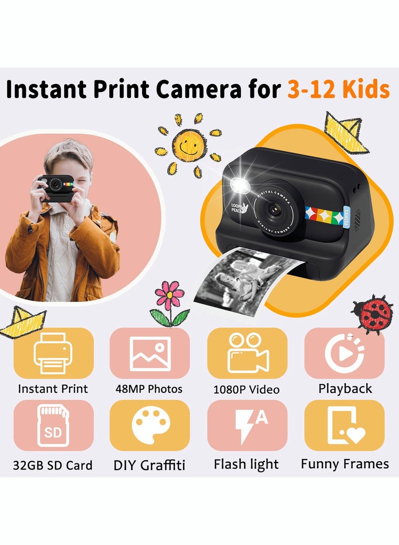 Milatech Instant Print Camera for Kids, 48MP Photos 1080P Digital Video Camera, 32GB Card Black - Image 2
