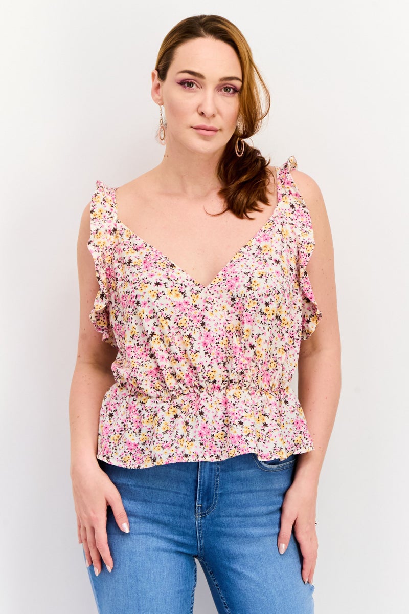 Reserved Women V Neck Sleeveless Floral Printed Tank Top, Pink Combo - Image 1