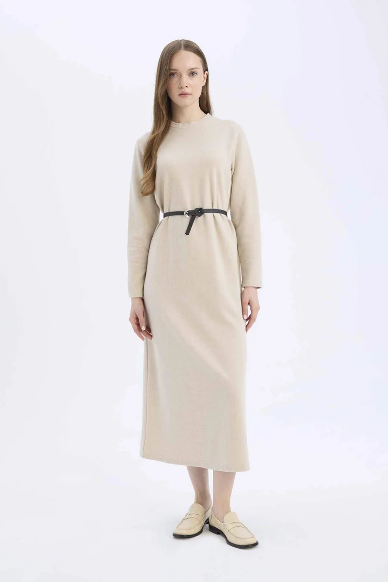ديفاكتو Regular Fit Crew Neck Belted Selanik Fabric Maxi Dress