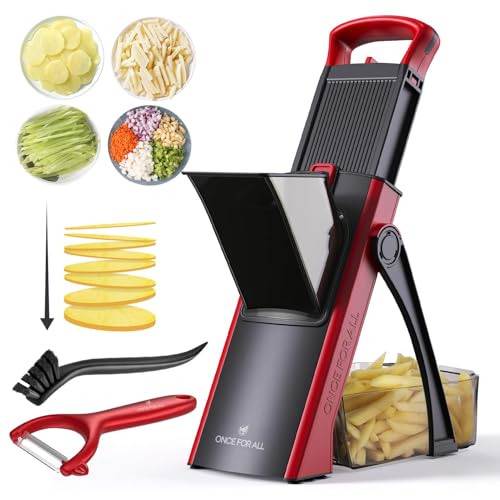 ONCE FOR ALL Safe Mandoline Slicer For Kitchen, Biger Size, Adjustable Vegetable Chopper Food Slicer Potato French Fry Cutter with Peeler, Detachable, Kitchen Chopping Artifact (Red) - Image 1