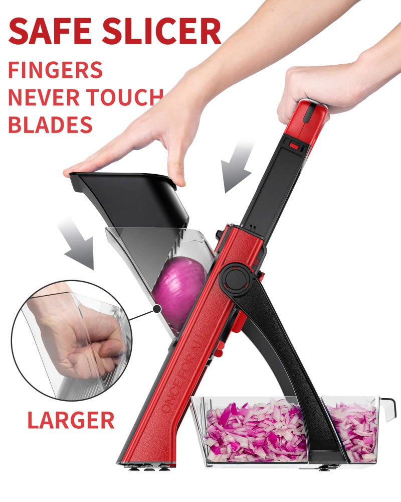 ONCE FOR ALL Safe Mandoline Slicer For Kitchen, Biger Size, Adjustable Vegetable Chopper Food Slicer Potato French Fry Cutter with Peeler, Detachable, Kitchen Chopping Artifact (Red) - Image 3