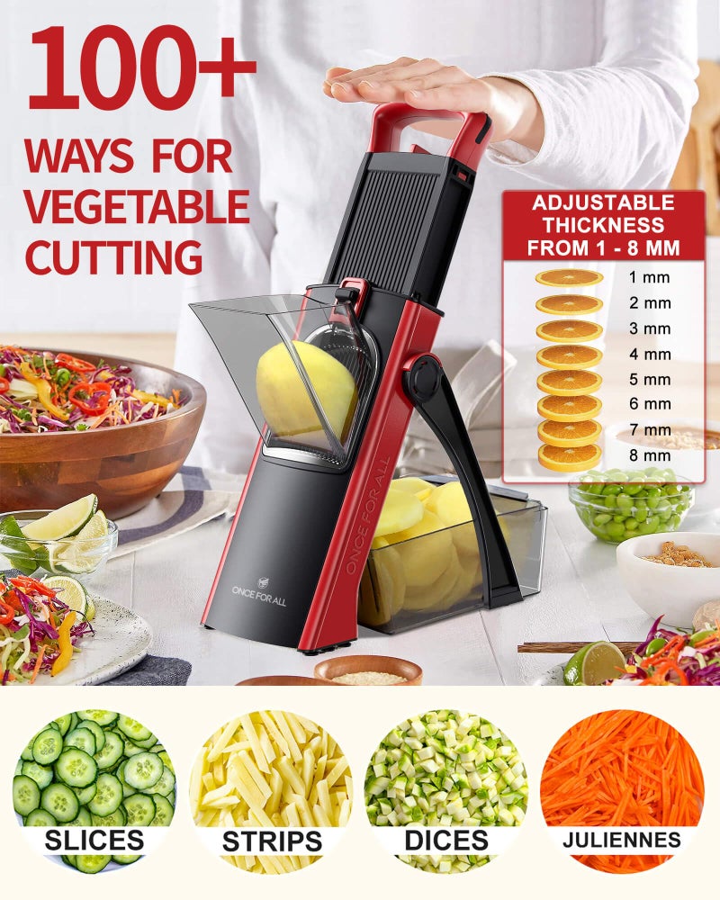 ONCE FOR ALL Safe Mandoline Slicer For Kitchen, Biger Size, Adjustable Vegetable Chopper Food Slicer Potato French Fry Cutter with Peeler, Detachable, Kitchen Chopping Artifact (Red) - Image 2