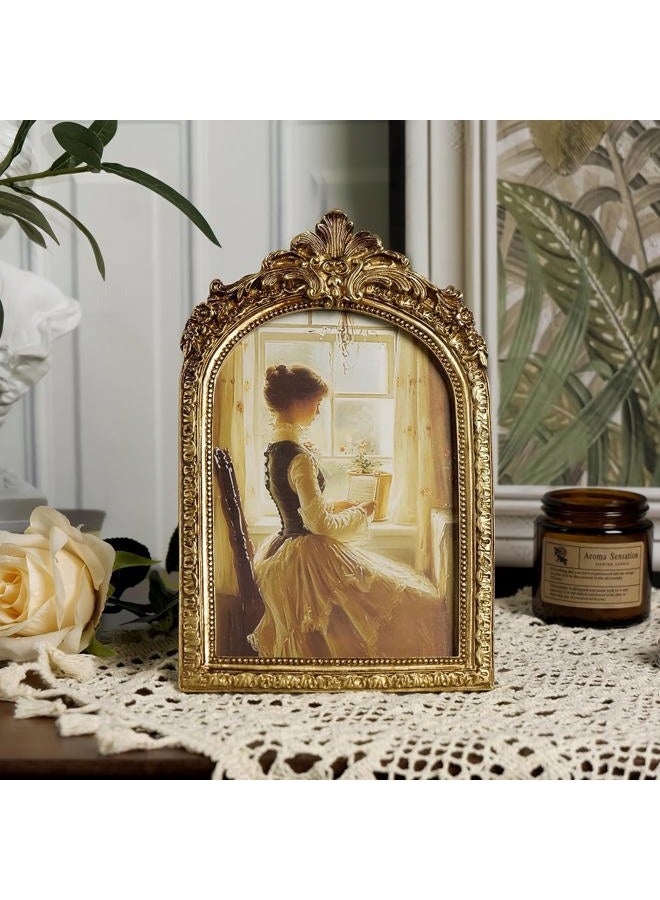 Cuspin 5x7 Gold Picture Frame, Vintage Gold Ornate Resin Photo Frame with Glass Front for Tabletop and Wall Mounting, Antique Picture Frames Photo Gallery for Home Office Decor - Image 2