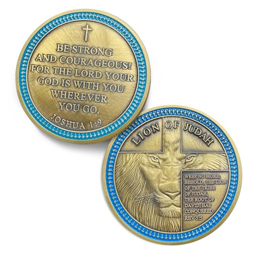 IELCJJ Rare Lion of Judah Challenge Coin - Joshua 1 9 Be Strong and Courageous Prayer Coin - Art Pocket Bible Verses Christian Coins - Good Luck Religious Gifts for Men Women - Image 1