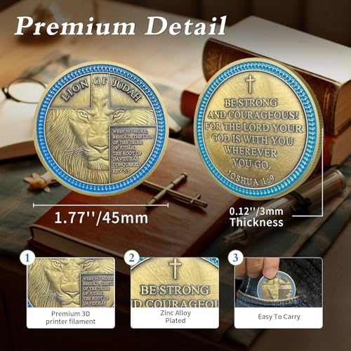 IELCJJ Rare Lion of Judah Challenge Coin - Joshua 1 9 Be Strong and Courageous Prayer Coin - Art Pocket Bible Verses Christian Coins - Good Luck Religious Gifts for Men Women - Image 3