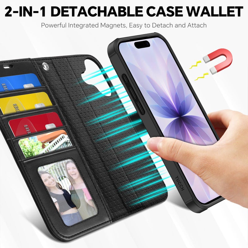 TUCCH 2-in-1 Detachable Wallet Case for iPhone 17 (6.3-inch) 2025, Wireless Charging | RFID Blocking 4 Card Holders | Wrist Strap | Kickstand | Magnetic | PU Leather | Protective Flip Cover | Black - Image 3