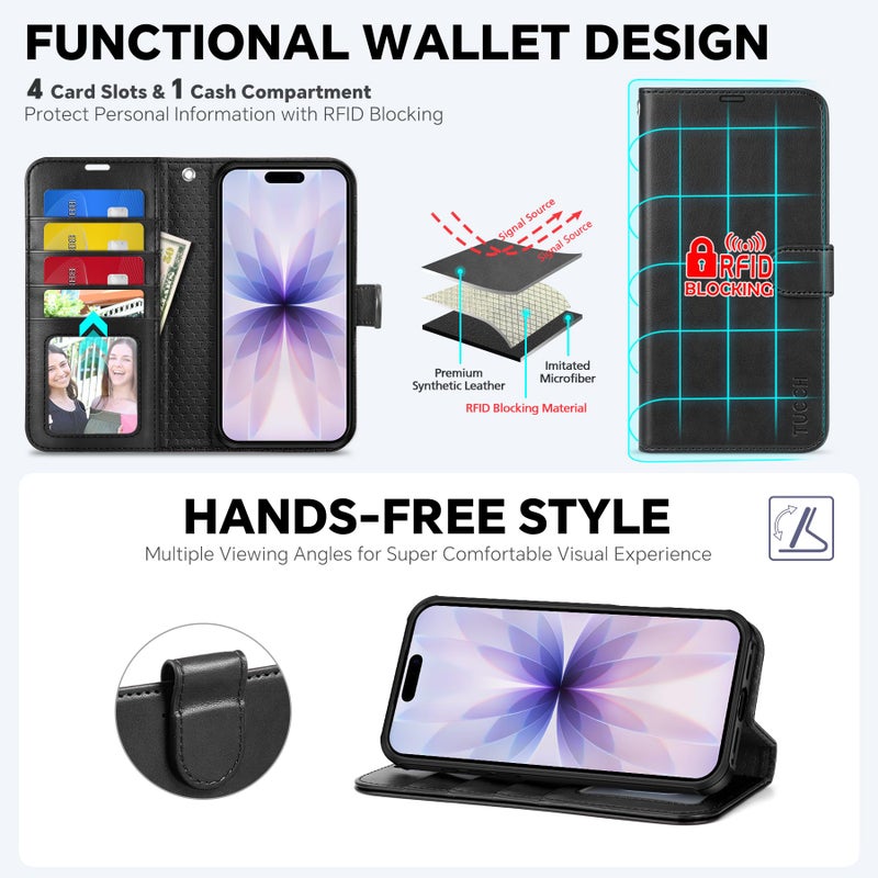 TUCCH 2-in-1 Detachable Wallet Case for iPhone 17 (6.3-inch) 2025, Wireless Charging | RFID Blocking 4 Card Holders | Wrist Strap | Kickstand | Magnetic | PU Leather | Protective Flip Cover | Black - Image 5