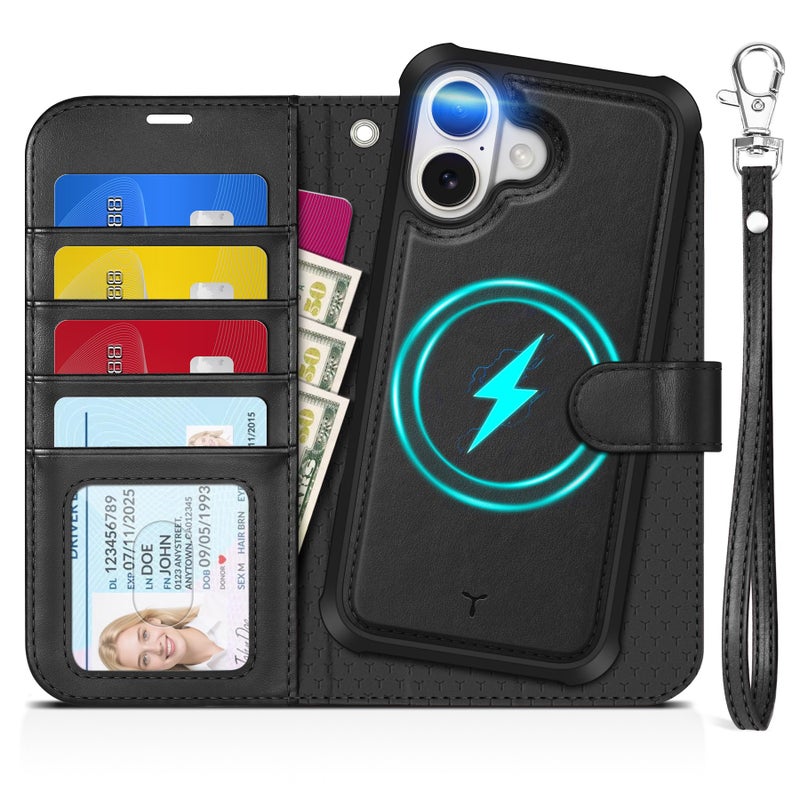 TUCCH 2-in-1 Detachable Wallet Case for iPhone 17 (6.3-inch) 2025, Wireless Charging | RFID Blocking 4 Card Holders | Wrist Strap | Kickstand | Magnetic | PU Leather | Protective Flip Cover | Black - Image 1