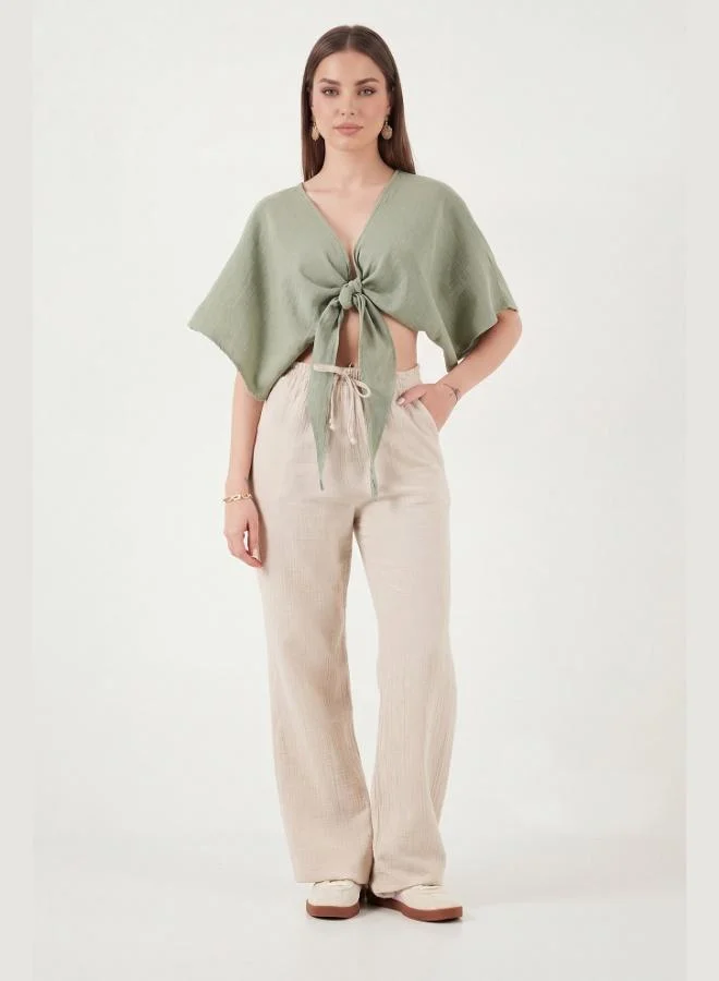 Lela Lela Cotton Tie-Up Relaxed Fit High Waist Wide Leg Muslin Trousers Women's Pants 5866663