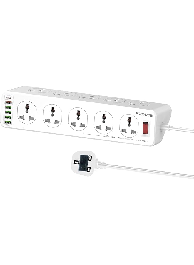 Promate Power Strip with USB Charging Ports, Universal 10 AC Outlets Surge Protect Extension with 20W USB-C Power Delivery Port, 18W QC 3.0 Port, 4 USB IntelliCharge Ports, PowerMatrix-3M UK PLUG - Image 1