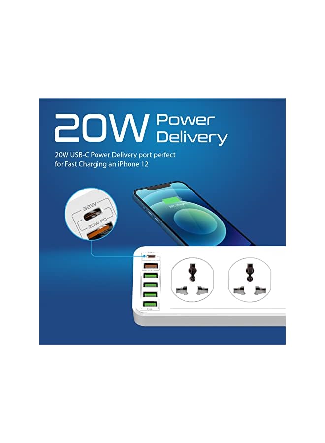 Promate Power Strip with USB Charging Ports, Universal 10 AC Outlets Surge Protect Extension with 20W USB-C Power Delivery Port, 18W QC 3.0 Port, 4 USB IntelliCharge Ports, PowerMatrix-3M UK PLUG - Image 5