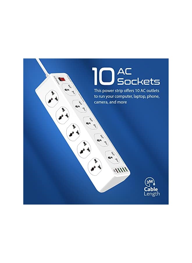 Promate Power Strip with USB Charging Ports, Universal 10 AC Outlets Surge Protect Extension with 20W USB-C Power Delivery Port, 18W QC 3.0 Port, 4 USB IntelliCharge Ports, PowerMatrix-3M UK PLUG - Image 4