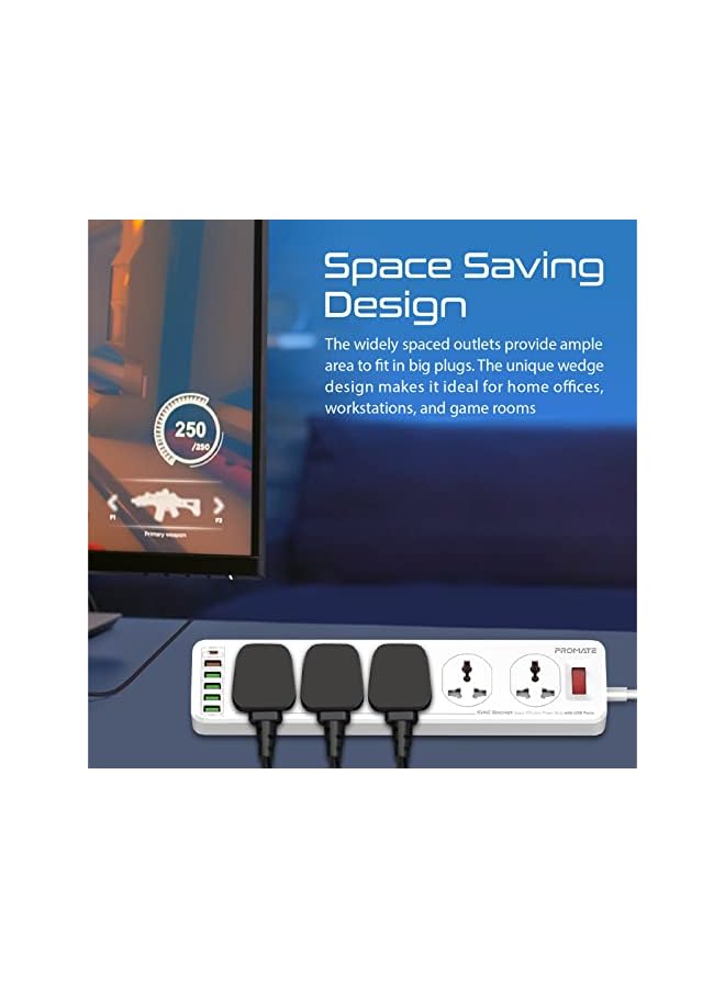 Promate Power Strip with USB Charging Ports, Universal 10 AC Outlets Surge Protect Extension with 20W USB-C Power Delivery Port, 18W QC 3.0 Port, 4 USB IntelliCharge Ports, PowerMatrix-3M UK PLUG - Image 2