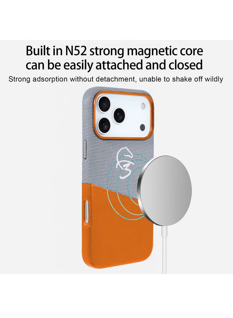 Wtech Apple iPhone 17 Pro Max 5G 2025 Luxury Magsafe Double Layered Leather Insert Card Magnetic Phone Case Cover (MCMPMN) - Orange/Grey - Image 2