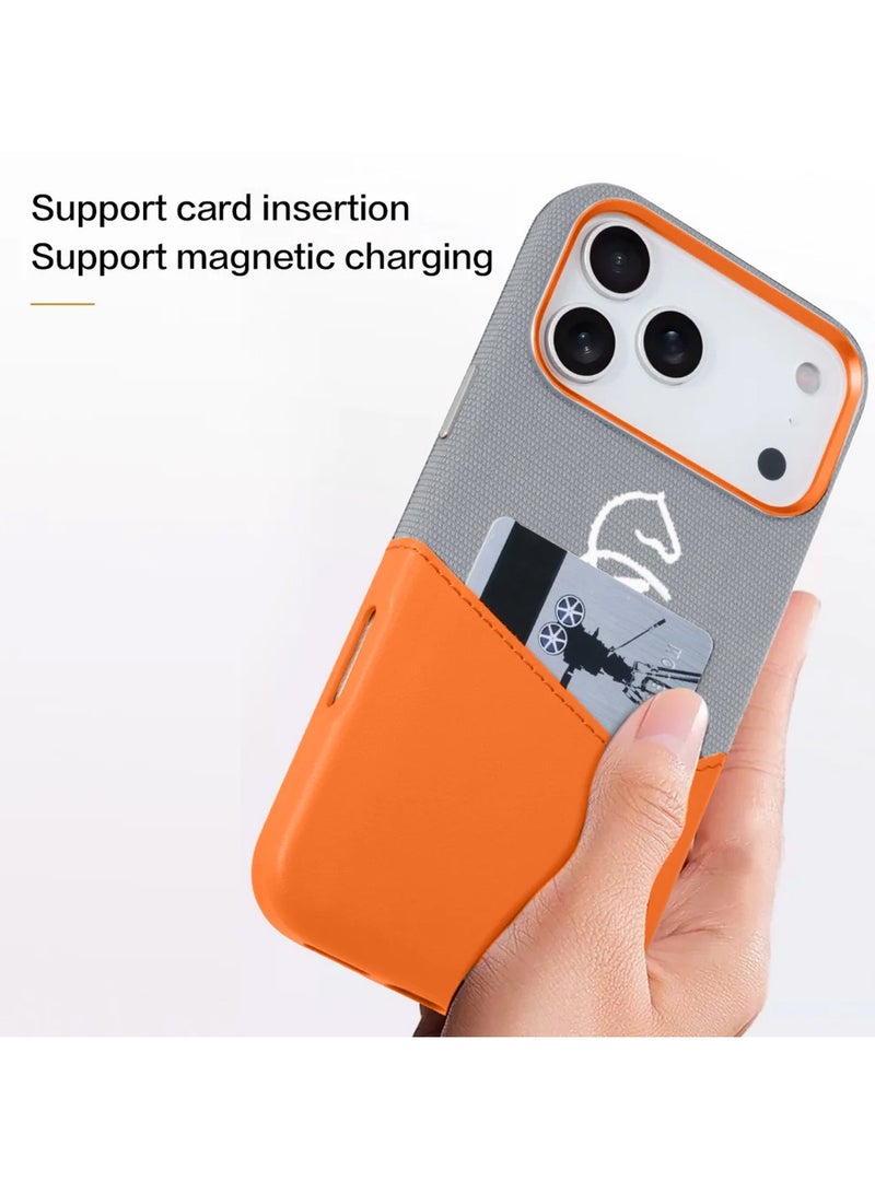 Wtech Apple iPhone 17 Pro Max 5G 2025 Luxury Magsafe Double Layered Leather Insert Card Magnetic Phone Case Cover (MCMPMN) - Orange/Grey - Image 4