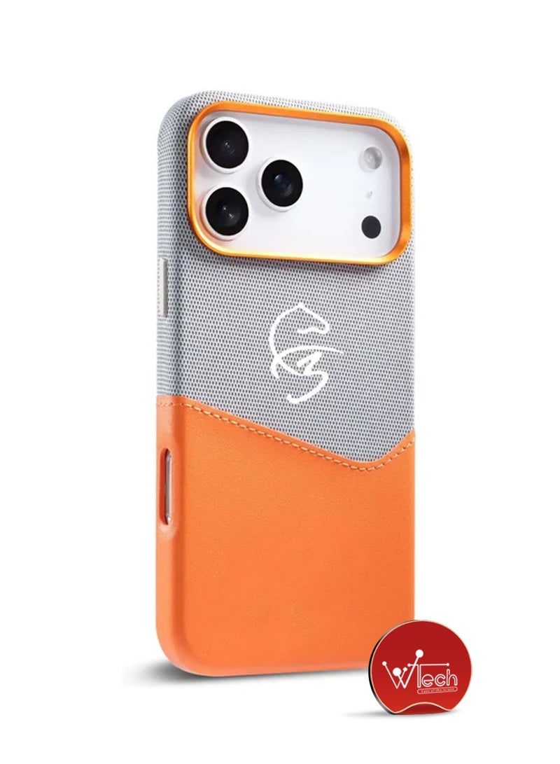 Wtech Apple iPhone 17 Pro Max 5G 2025 Luxury Magsafe Double Layered Leather Insert Card Magnetic Phone Case Cover (MCMPMN) - Orange/Grey - Image 5