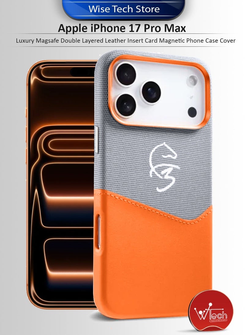 Wtech Apple iPhone 17 Pro Max 5G 2025 Luxury Magsafe Double Layered Leather Insert Card Magnetic Phone Case Cover (MCMPMN) - Orange/Grey - Image 2