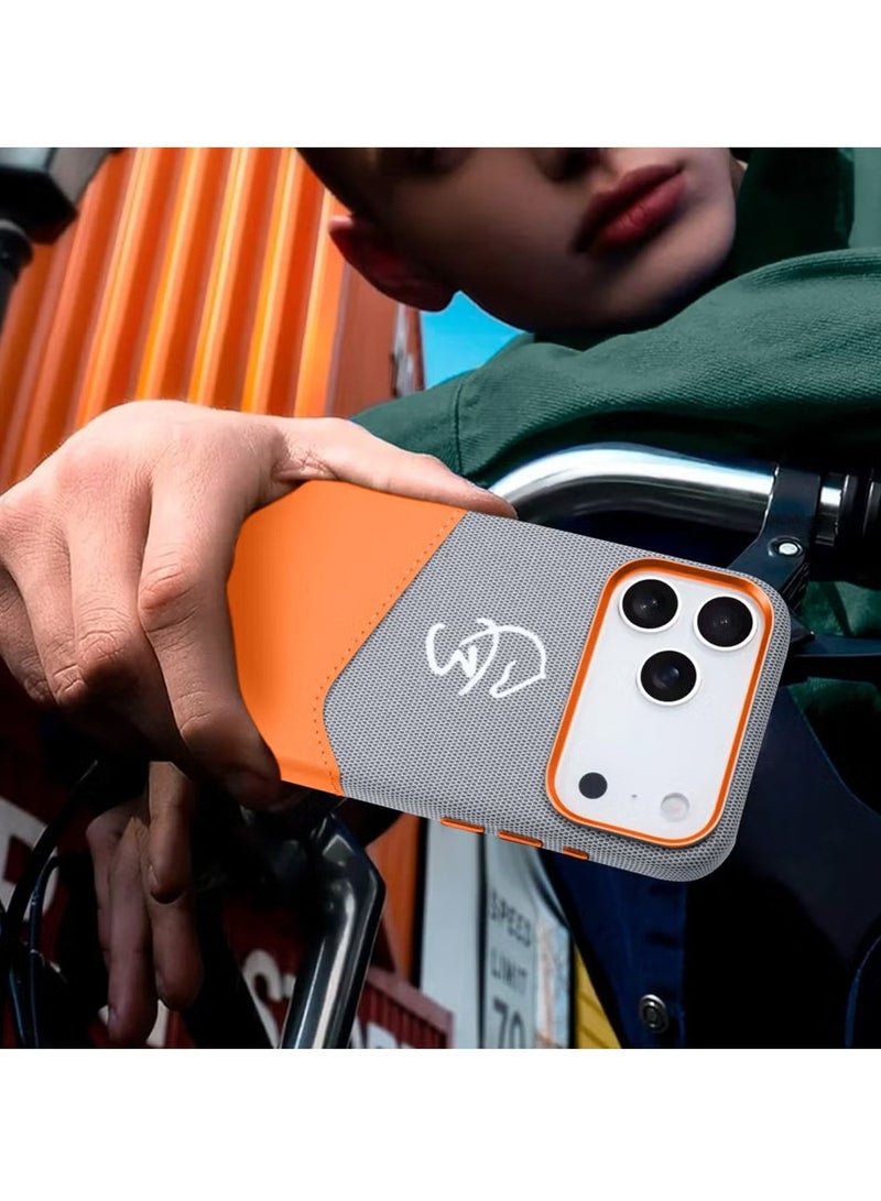 دبليو تيك غطاء هاتف آيفون 17 برو ماكس 5G 2025 الفاخر مع ماجسيف إدخال جلد مزدوج للبطاقات (MCMPMN) - برتقالي/رمادي - Image 2