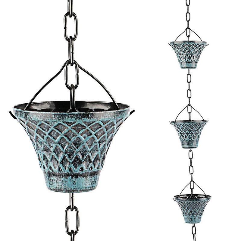 HANAYARD Rain Chains for Gutters Outside Downspouts Rain Catcher Diverter Metal Blue Plaid Outdoor Decorative, 8.5 FT - Image 1