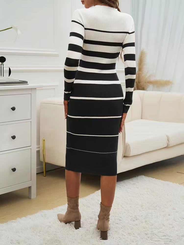 Sumleno 2026 Women's Fashion Striped Dress Long Sleeve Crew Neck Bodycon Midi Ribbed Knit Slim Fit Sweater Dresses (Black,L) - Image 4