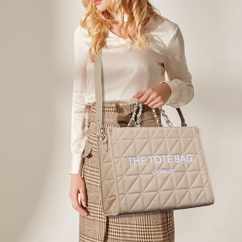 Chinllo Tote Bag for Women Quilted Chains Stachel Purse and Handbags with Shoulder Strap (E.Pink-M) - Image 2