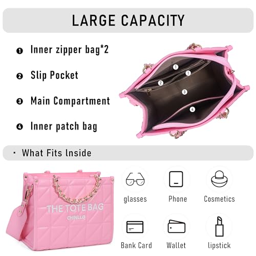 Chinllo Tote Bag for Women Quilted Chains Stachel Purse and Handbags with Shoulder Strap (E.Pink-M) - Image 4