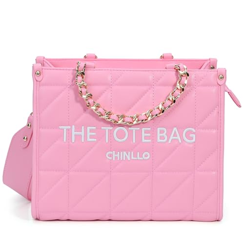 Chinllo Tote Bag for Women Quilted Chains Stachel Purse and Handbags with Shoulder Strap (E.Pink-M) - Image 1