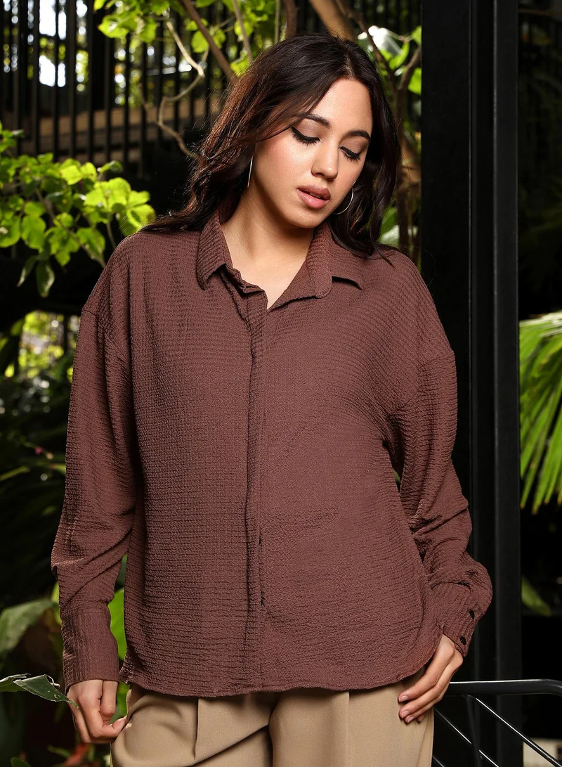 PINACOLADA Women's Chocolate Brown Crinkle-Tactile Oversized Shirt