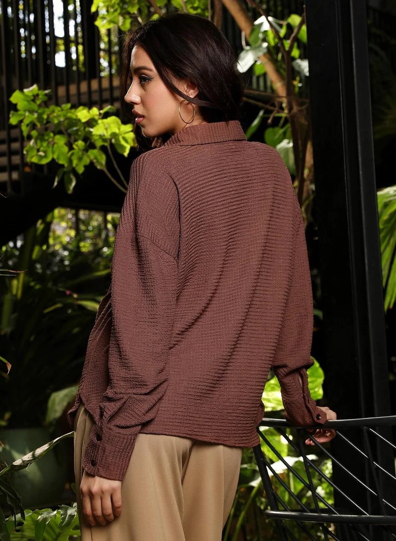 Pinacolada  Women's Chocolate Brown Crinkle-Tactile Oversized Shirt for Women | Best Price UAE