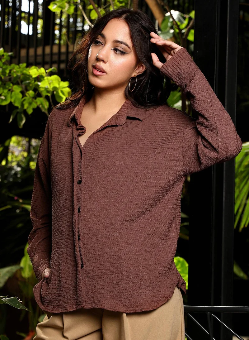 Pinacolada  Women's Chocolate Brown Crinkle-Tactile Oversized Shirt for Women | Best Price UAE