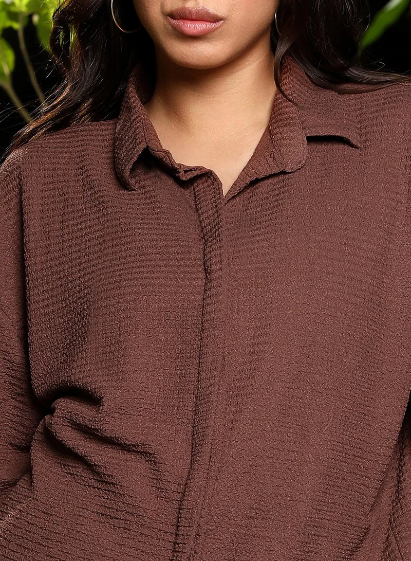 Pinacolada  Women's Chocolate Brown Crinkle-Tactile Oversized Shirt for Women | Best Price UAE