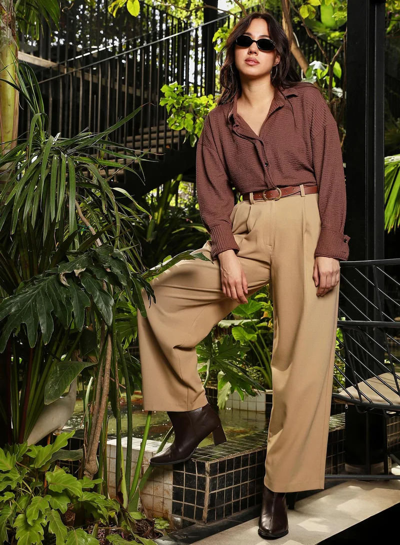 Pinacolada  Women's Chocolate Brown Crinkle-Tactile Oversized Shirt for Women | Best Price UAE