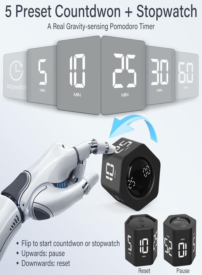 OORAII Rotating Pomodoro Timer 5, 25, 10 30,60 Mins Preset Stopwatch, Desk Flip ProductivityTimer, ADHD Tool Hexagon, Vibration/Mute/Alarm, for Work, Study, Back to School, Kitchen, Black - Image 2