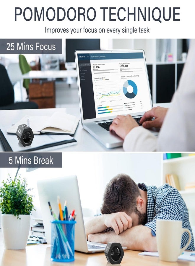 OORAII Rotating Pomodoro Timer 5, 25, 10 30,60 Mins Preset Stopwatch, Desk Flip ProductivityTimer, ADHD Tool Hexagon, Vibration/Mute/Alarm, for Work, Study, Back to School, Kitchen, Black - Image 3