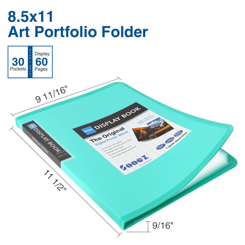 Sooez 30-Pocket Binder with Plastic Sleeves 8.5x11 (Sky Blue), Heavy Duty Art Portfolio Folder with Clear Sheet Protectors, Display 60 Pages, Presentation Book for Artwork, Document Organizer Binder - Image 2