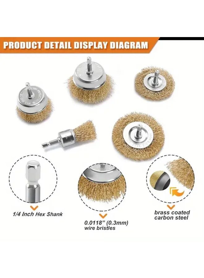 6 Pcs Heavy Duty Wire Brush Set 1 4 Inch Hex Shaft Coarse Brass Coating Rust Paint Removal - Image 4