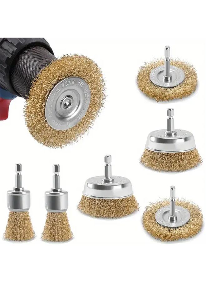 6 Pcs Heavy Duty Wire Brush Set 1 4 Inch Hex Shaft Coarse Brass Coating Rust Paint Removal - Image 2