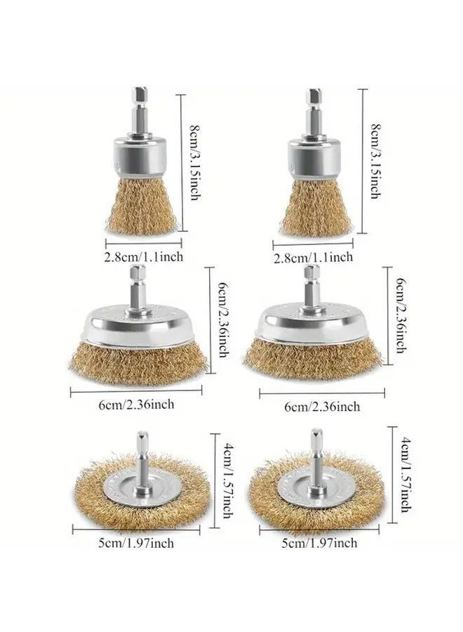 6 Pcs Heavy Duty Wire Brush Set 1 4 Inch Hex Shaft Coarse Brass Coating Rust Paint Removal - Image 1