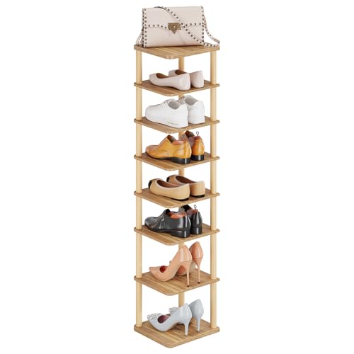 LUCKNOCK Vertical Shoe Rack, 8-Tier Tall Narrow Shoe Organizer for Entryway, Closet, Dorm & Small Spaces, Freestanding Wooden Shoe Shelf Tower for Boots, Sneakers, Heels. (Walnut) - Image 2